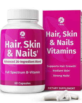1 Body Compléments Alimentaires Cheveux Peau Ongles Biotine 60 Capsules vue de face