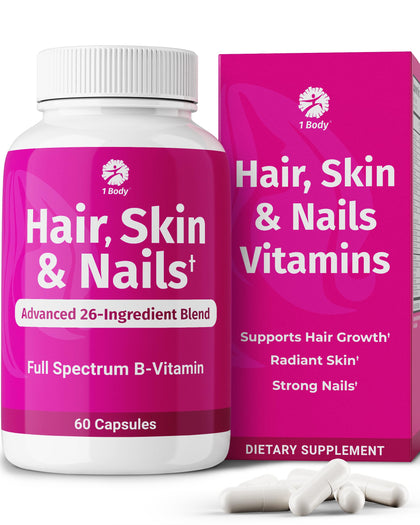 1 Body Compléments Alimentaires Cheveux Peau Ongles Biotine 60 Capsules vue de face