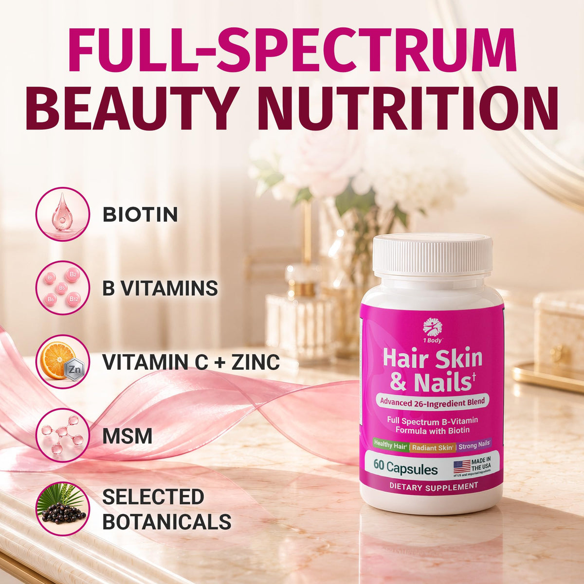 1 Body Compléments Alimentaires Cheveux Peau Ongles Biotine 60 Capsules vue latérale
