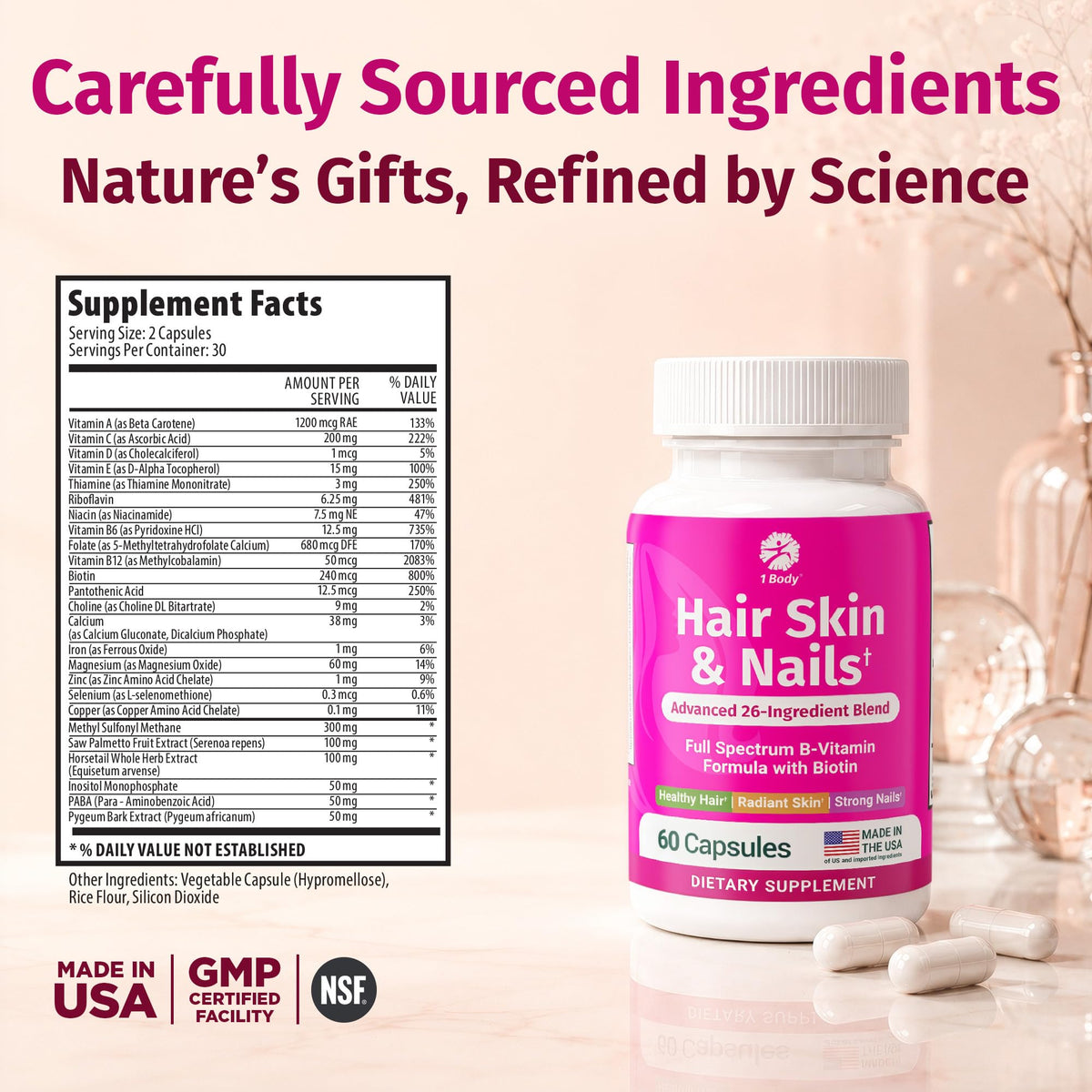 1 Body Compléments Alimentaires Cheveux Peau Ongles Biotine 60 Capsules prise en main