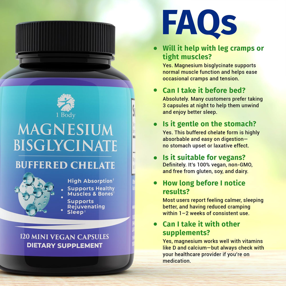 1 Body Magnésium Bisglycinate 120 capsules en gros plan