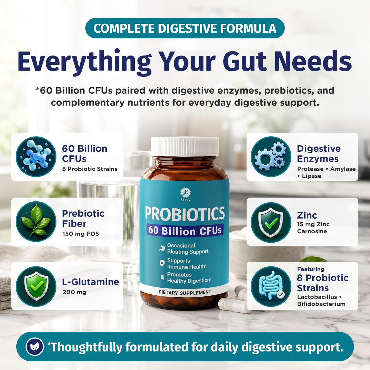 1 Body Probiotic 60 Caps, avec des ingrédients sur la table