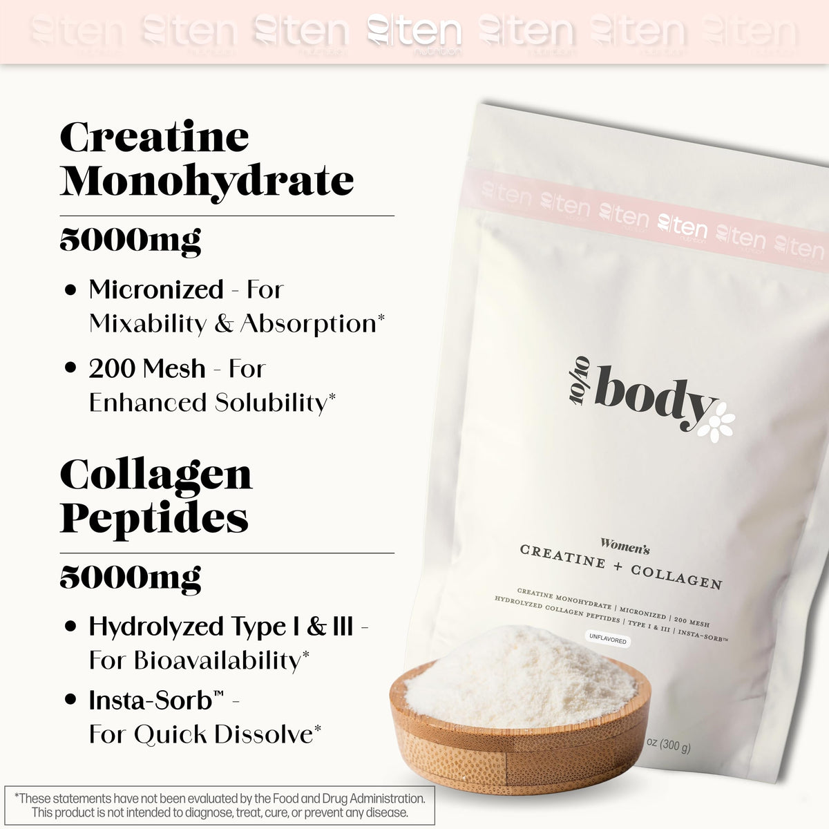 10Ten Nutrition Créatine + Collagène poudre sans saveur dans un verre