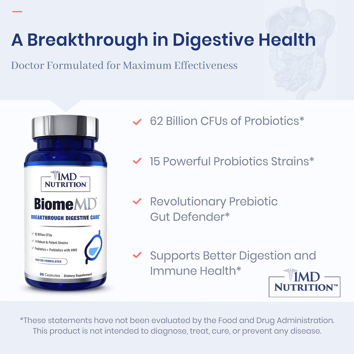 1MD Nutrition BiomeMD Probiotiques capsules avec un verre d'eau