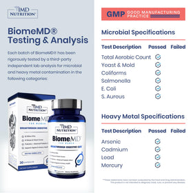 1MD Nutrition BiomeMD Probiotiques capsules sur une surface blanche