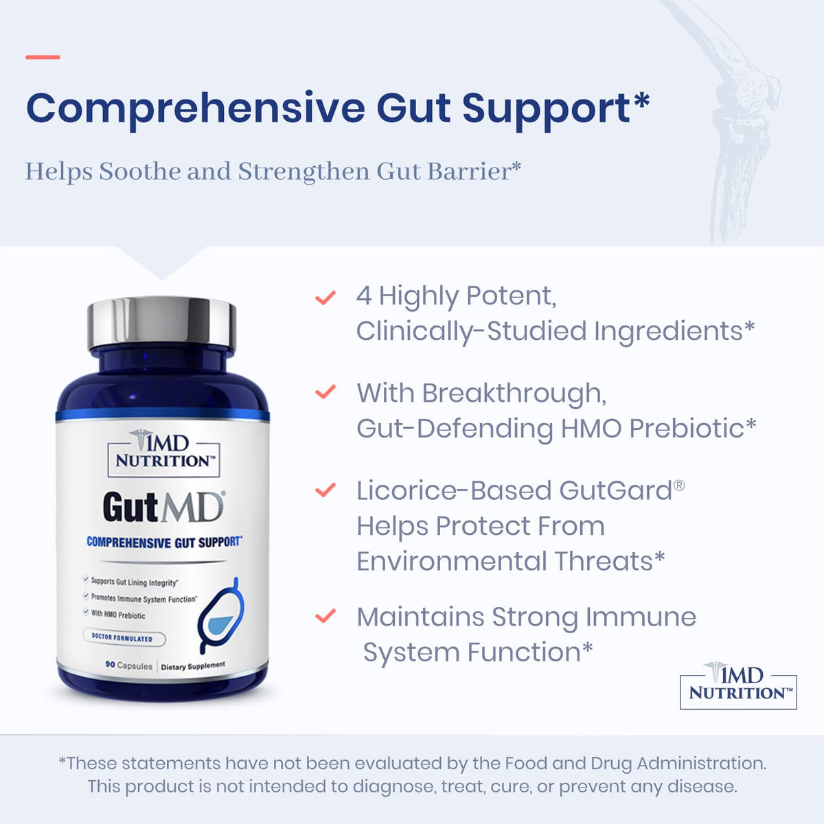 1MD Nutrition GutMD L-Glutamine capsules avec verre d'eau