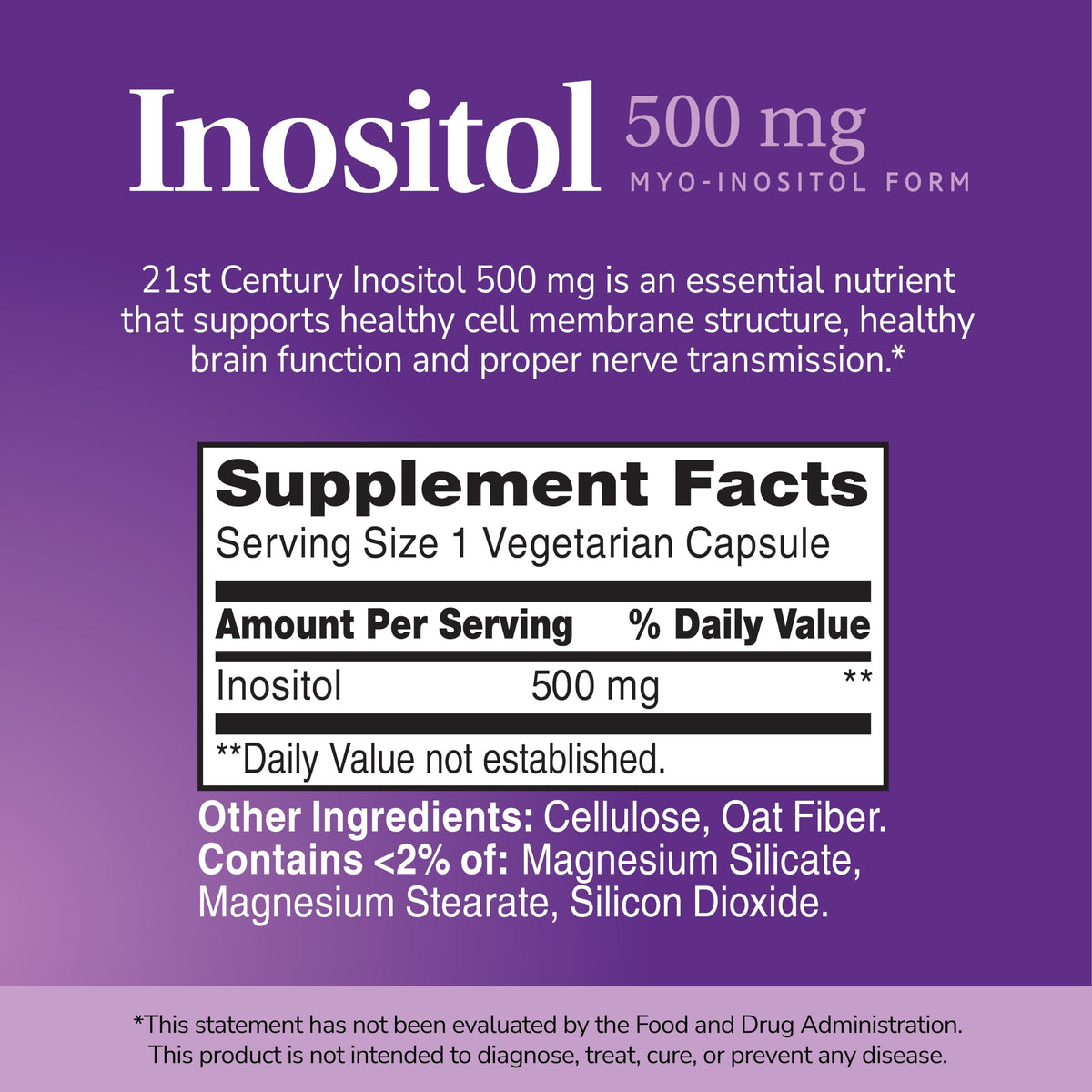 21st Century Inositol 500 mg capsules végétariennes sur une table