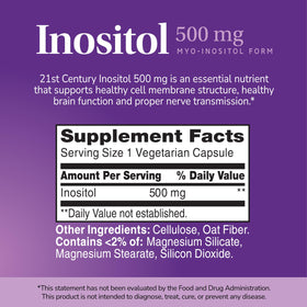 21st Century Inositol 500 mg capsules végétariennes sur une table