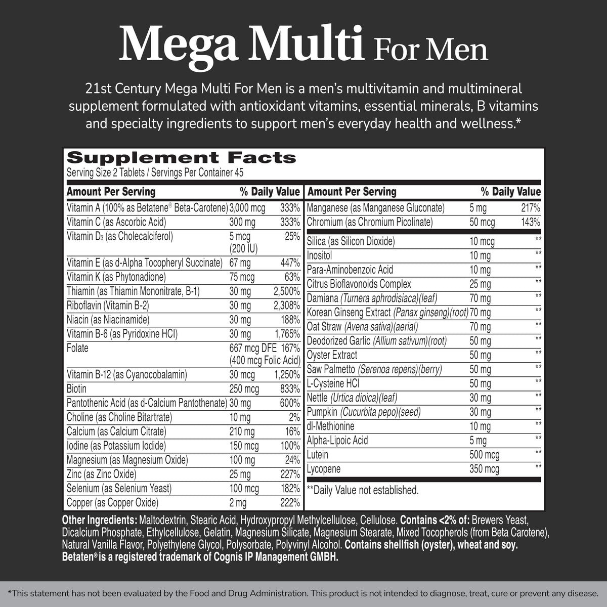 21st Century Mega Multi pour Hommes, vue arrière de l'emballage avec ingrédients
