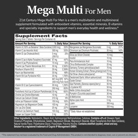 21st Century Mega Multi pour Hommes, vue arrière de l'emballage avec ingrédients