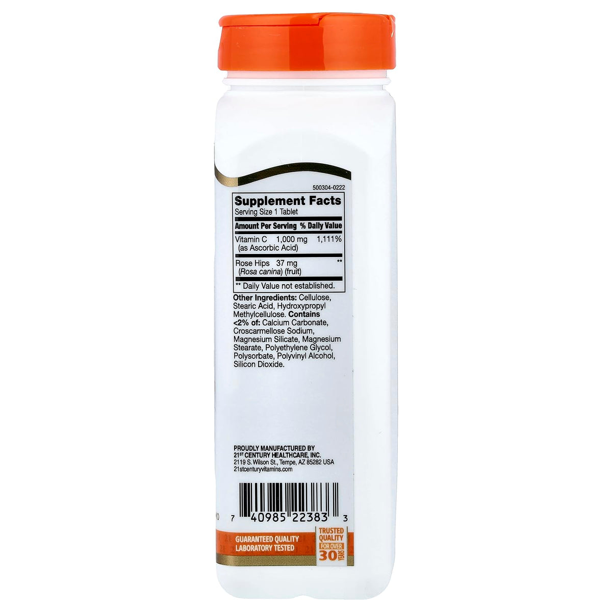 21st Century Vitamine C 1000mg comprimés arrière avec ingrédients