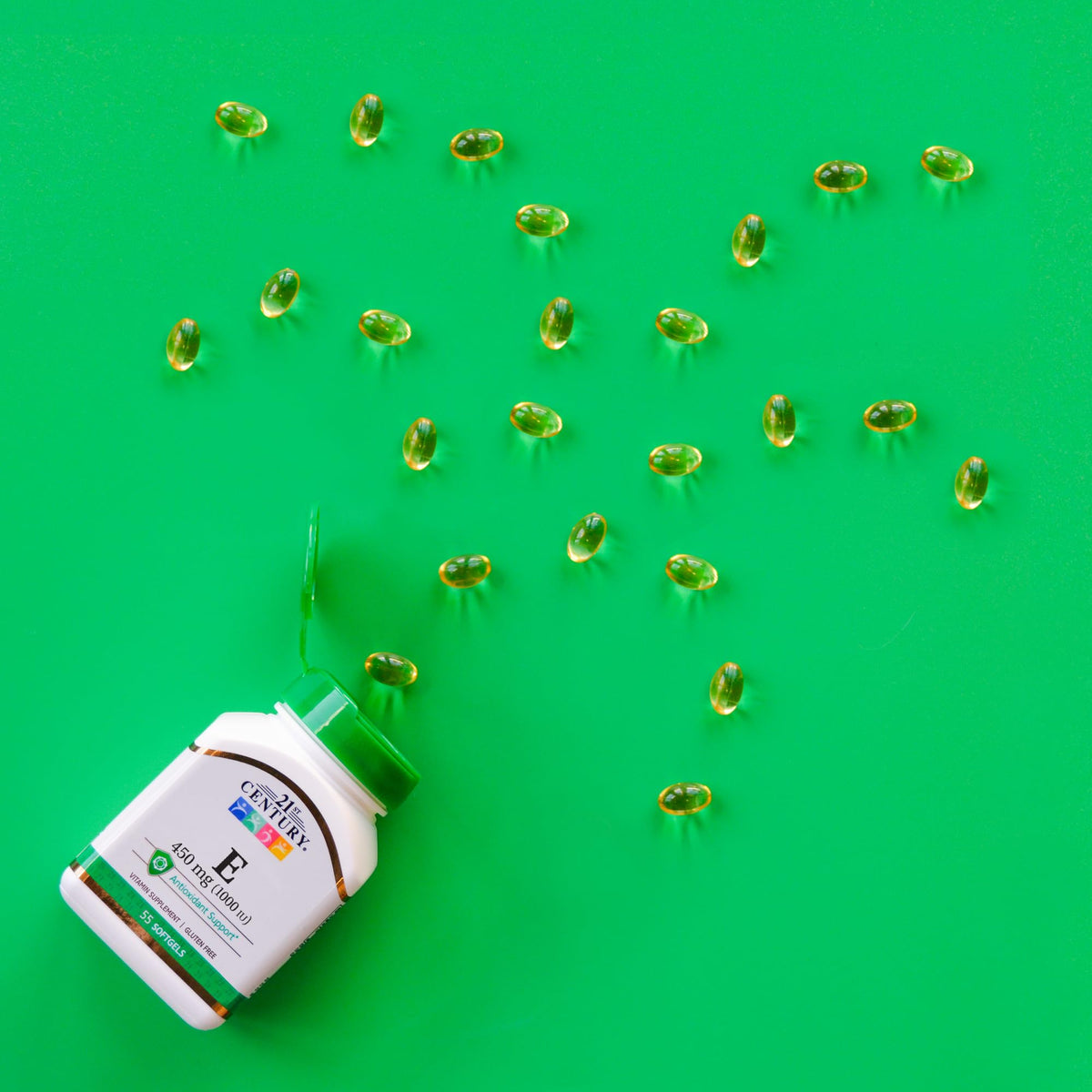 21st Century Vitamine E 1000 IU Gélules, gélules individuelles sur fond blanc