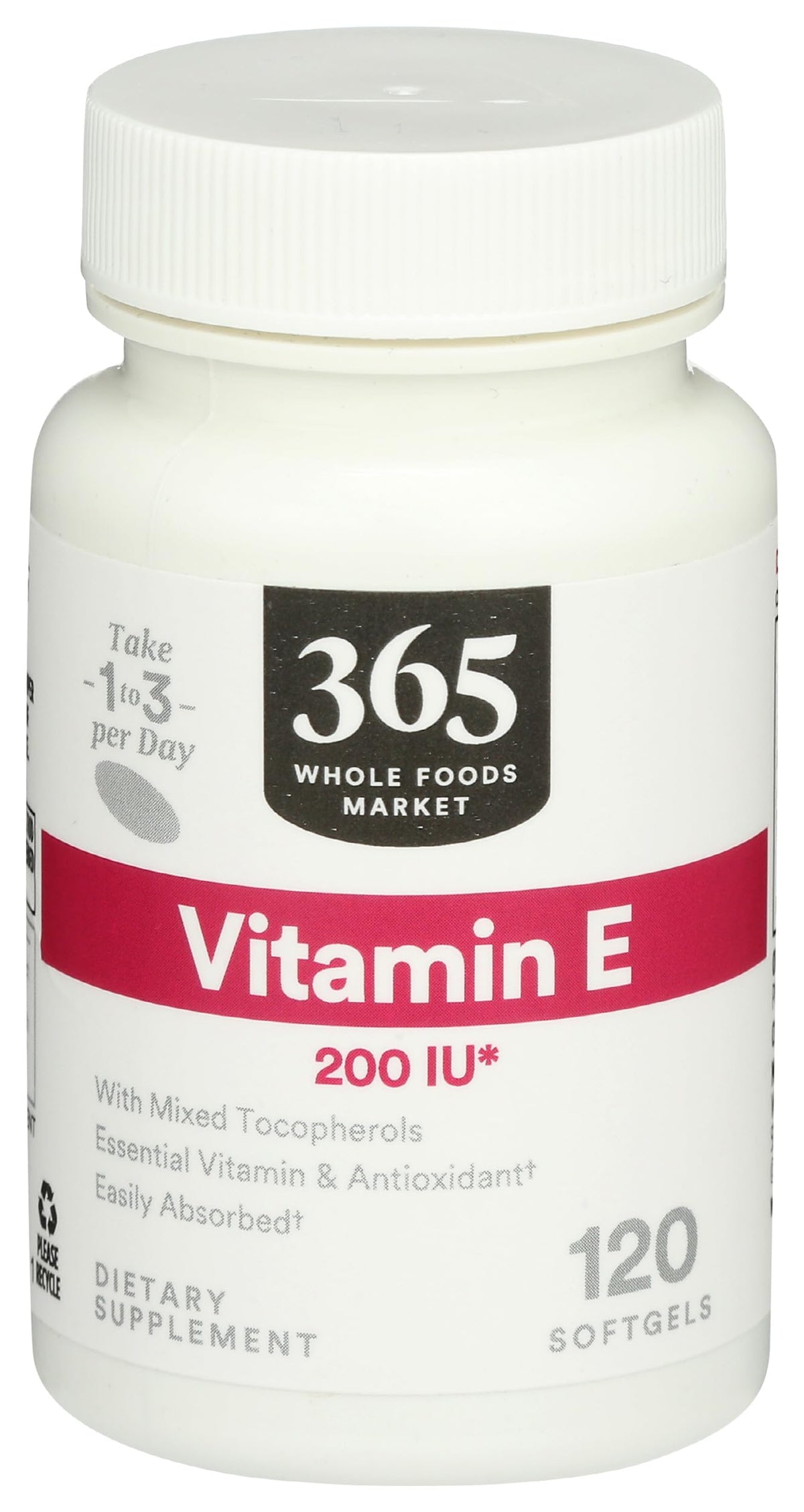 365 Vitamine E 200 IU 120 gélules molles vue de face
