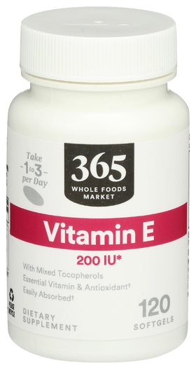 365 Vitamine E 200 IU 120 gélules molles vue de face