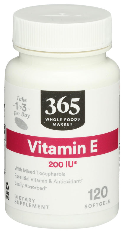 365 Vitamine E 200 IU 120 gélules molles vue de face