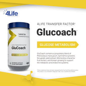 4Life GluCoach 120 capsules sur une table en bois