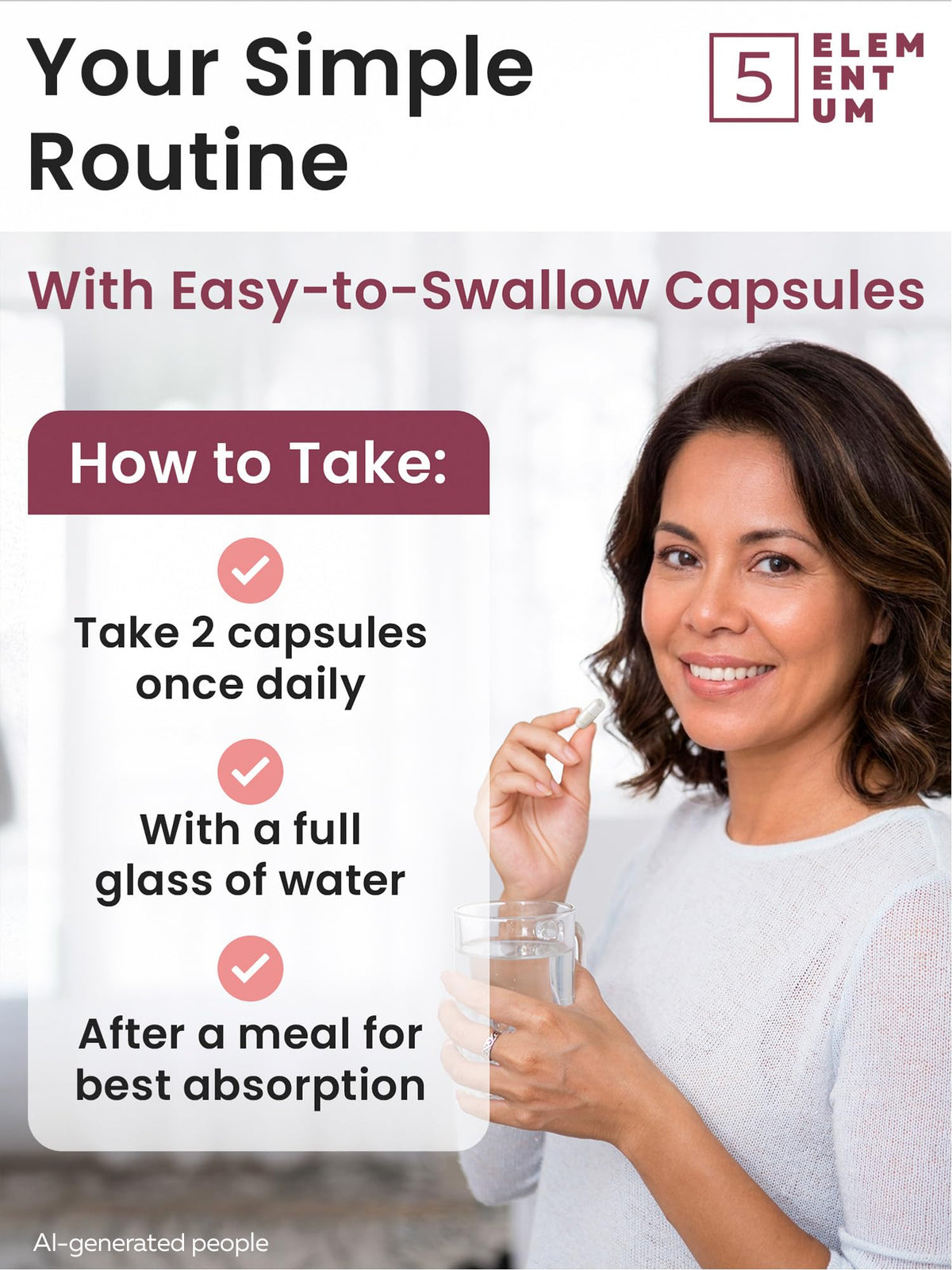 5 elementum TUDCA Complément Alimentaire 1200mg capsules à côté d'un verre d'eau