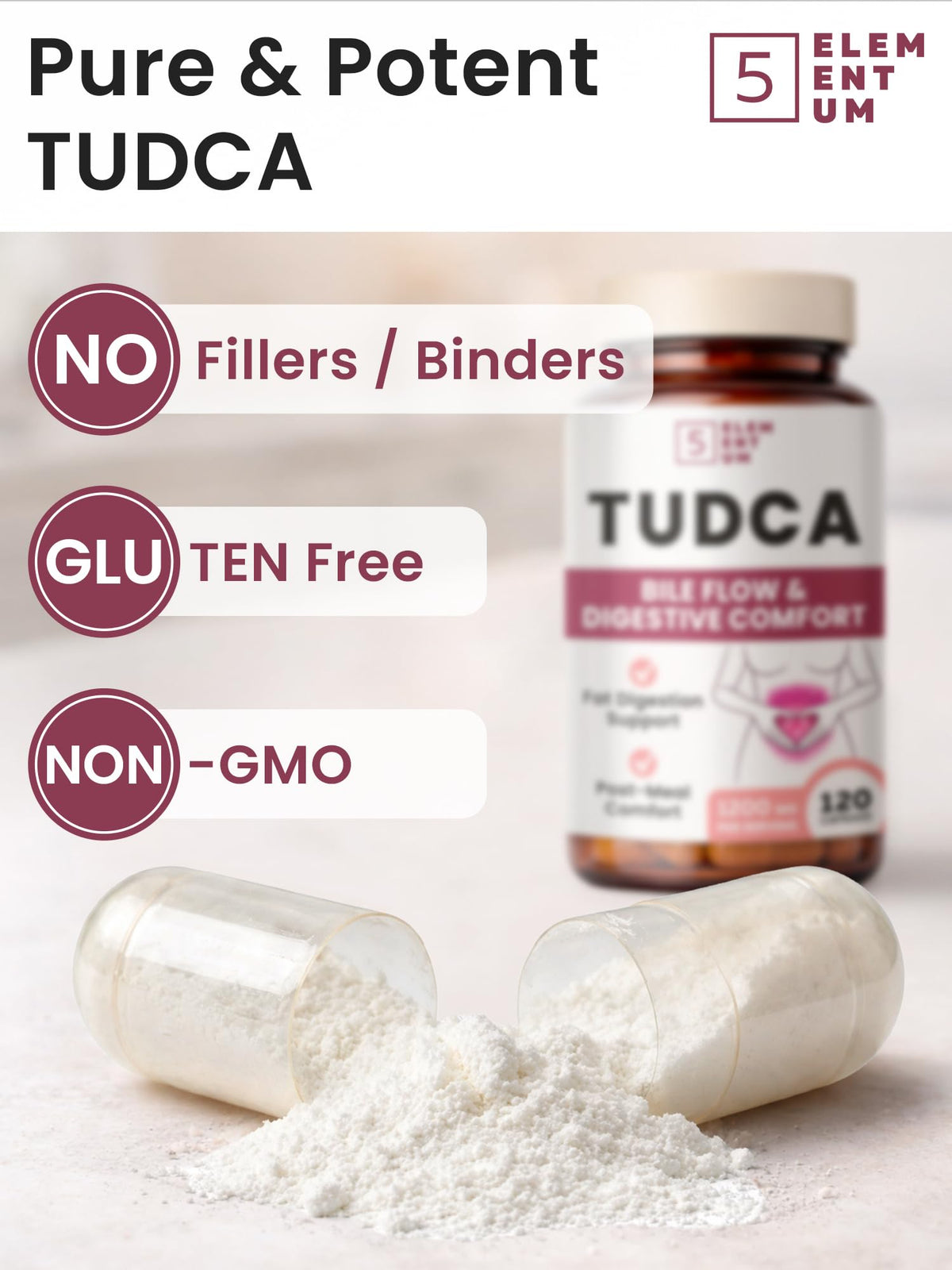 5 elementum TUDCA Complément Alimentaire 1200mg capsules en gros plan