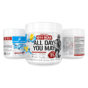 5% Nutrition AllDayYouMay BCAA Poudre 612g - Citron Myrtille avec un verre d'eau