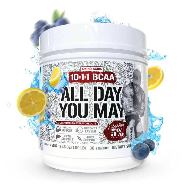 5% Nutrition AllDayYouMay BCAA Poudre 612g - Citron Myrtille dans un shaker