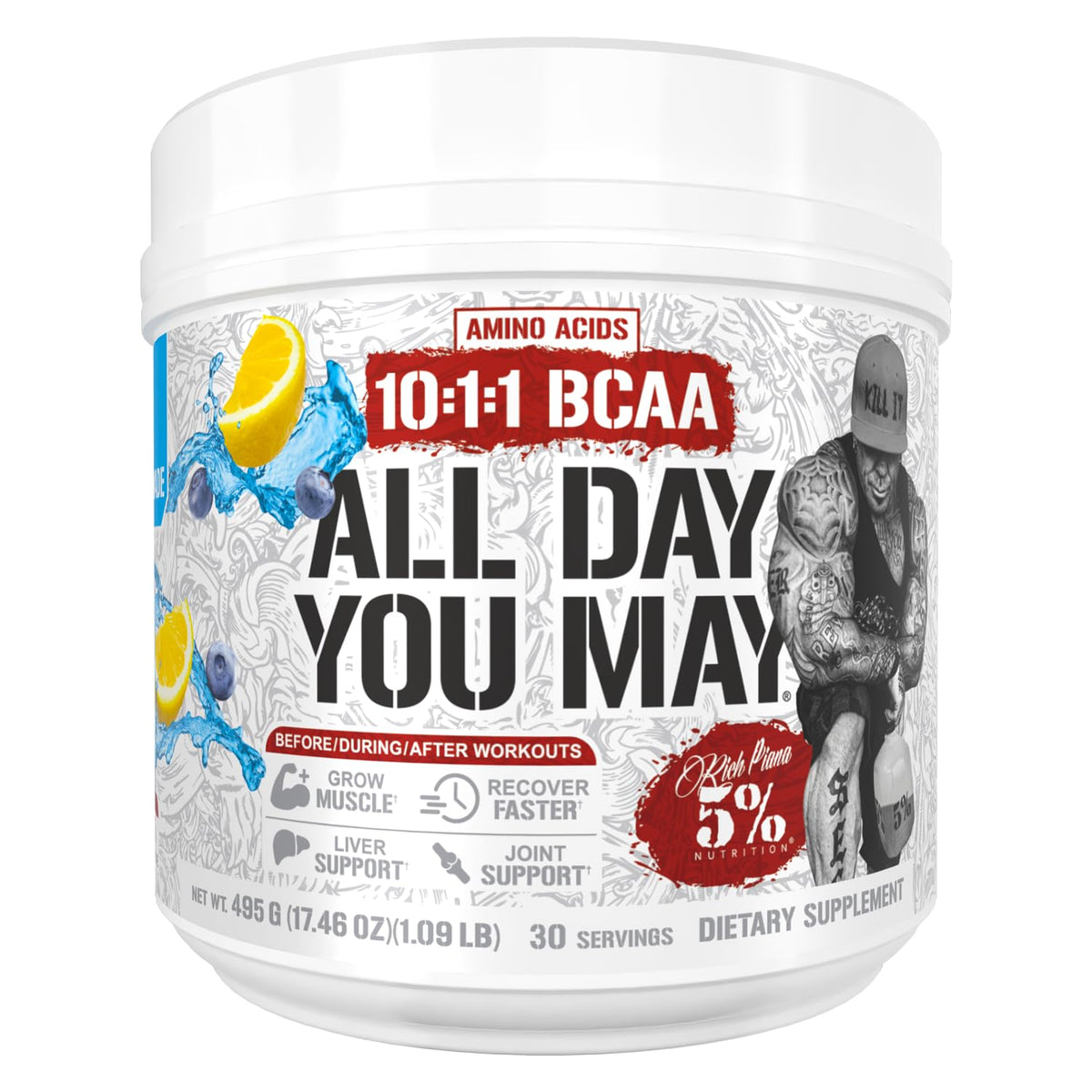 5% Nutrition AllDayYouMay BCAA Poudre 612g - Citron Myrtille vue avant