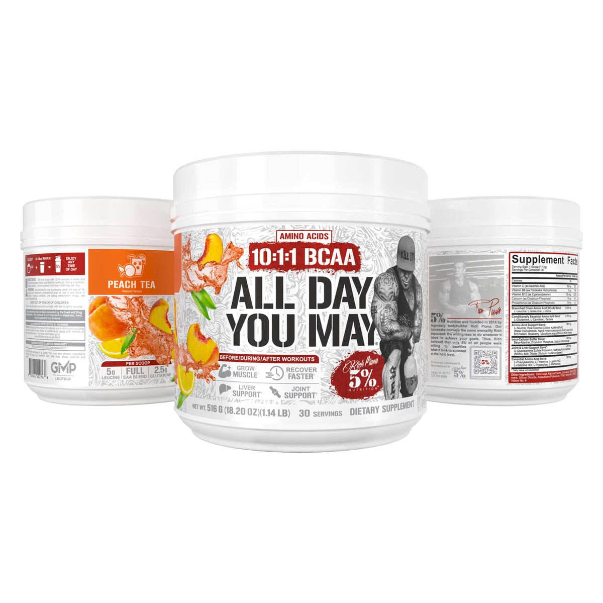 5% Nutrition AllDayYouMay BCAA Poudre Thé Pêche sur une table