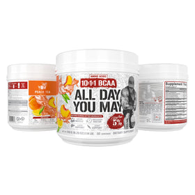 5% Nutrition AllDayYouMay BCAA Poudre Thé Pêche sur une table