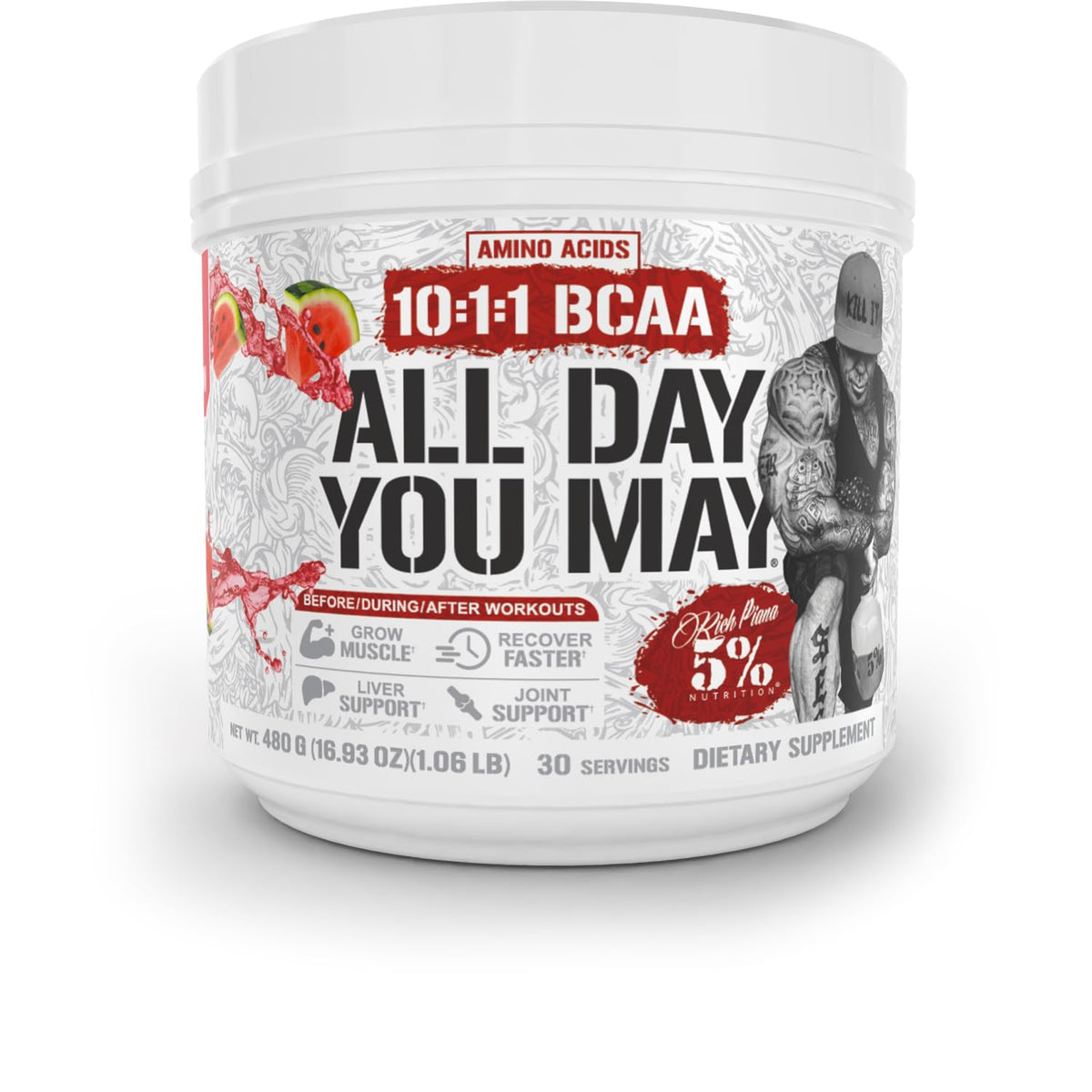 5% Nutrition AllDayYouMay Poudre BCAA 531g goût pastèque vue avant