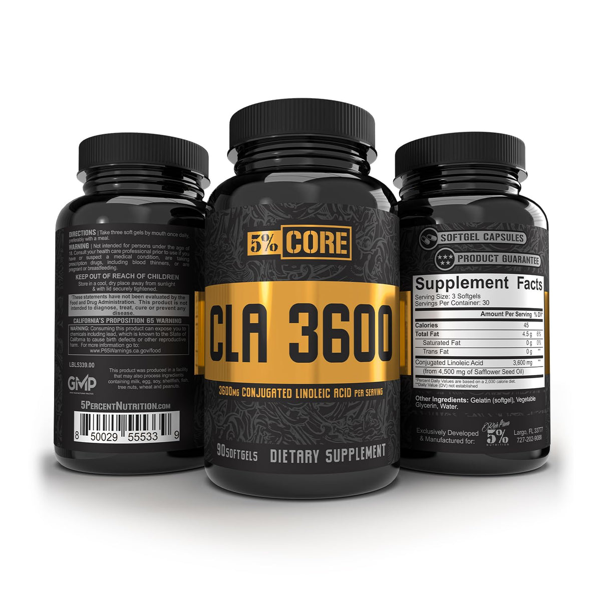 5% Nutrition Core CLA 3600 gélules sur un fond blanc