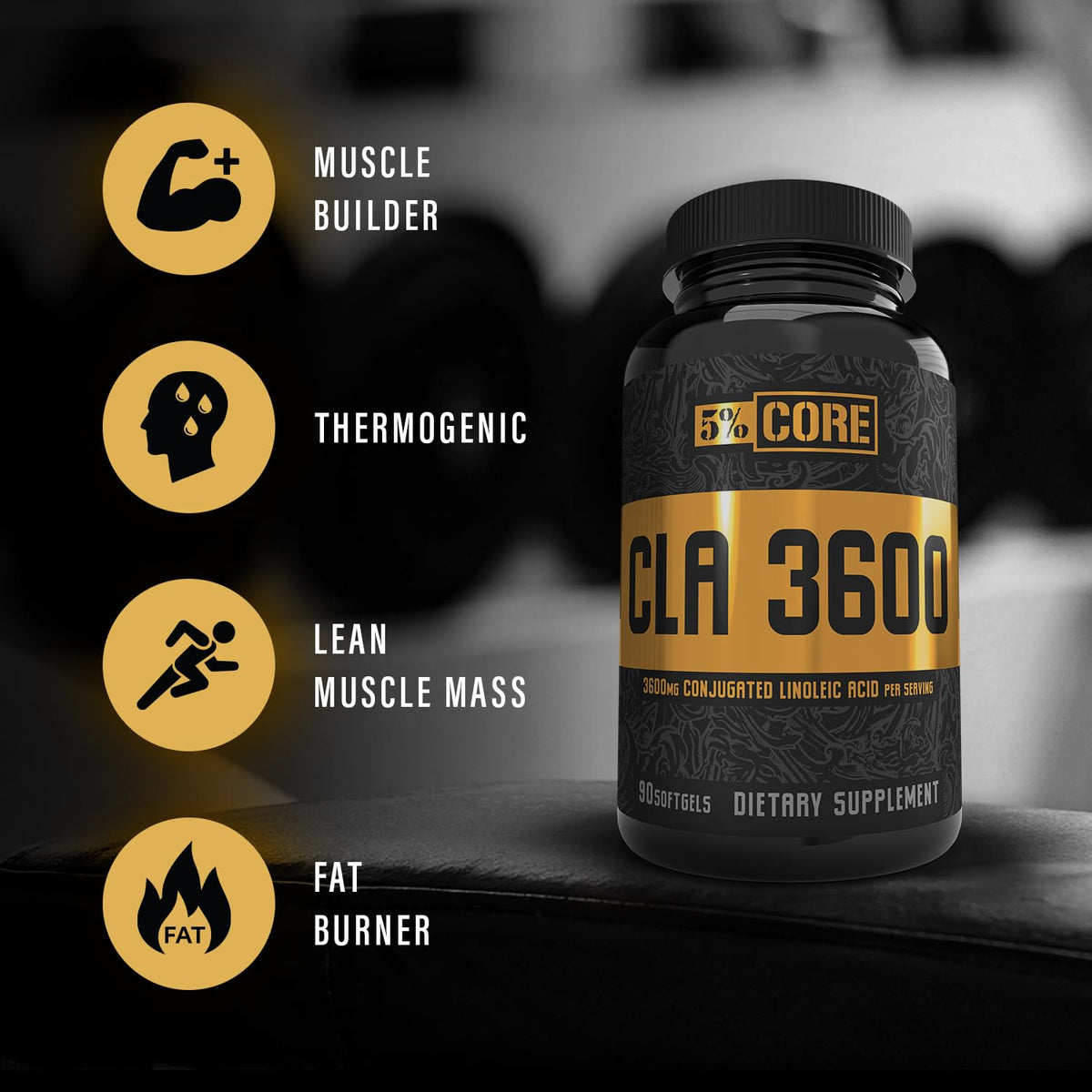 5% Nutrition Core CLA 3600 gélules sur une table