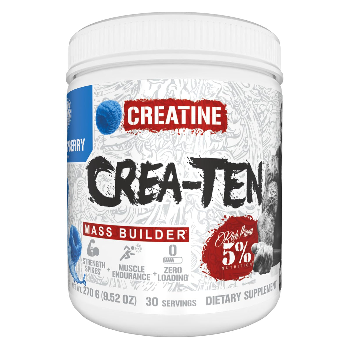 5% Nutrition CreaTEN Poudre de Créatine Framboise Bleue 331g vue avant