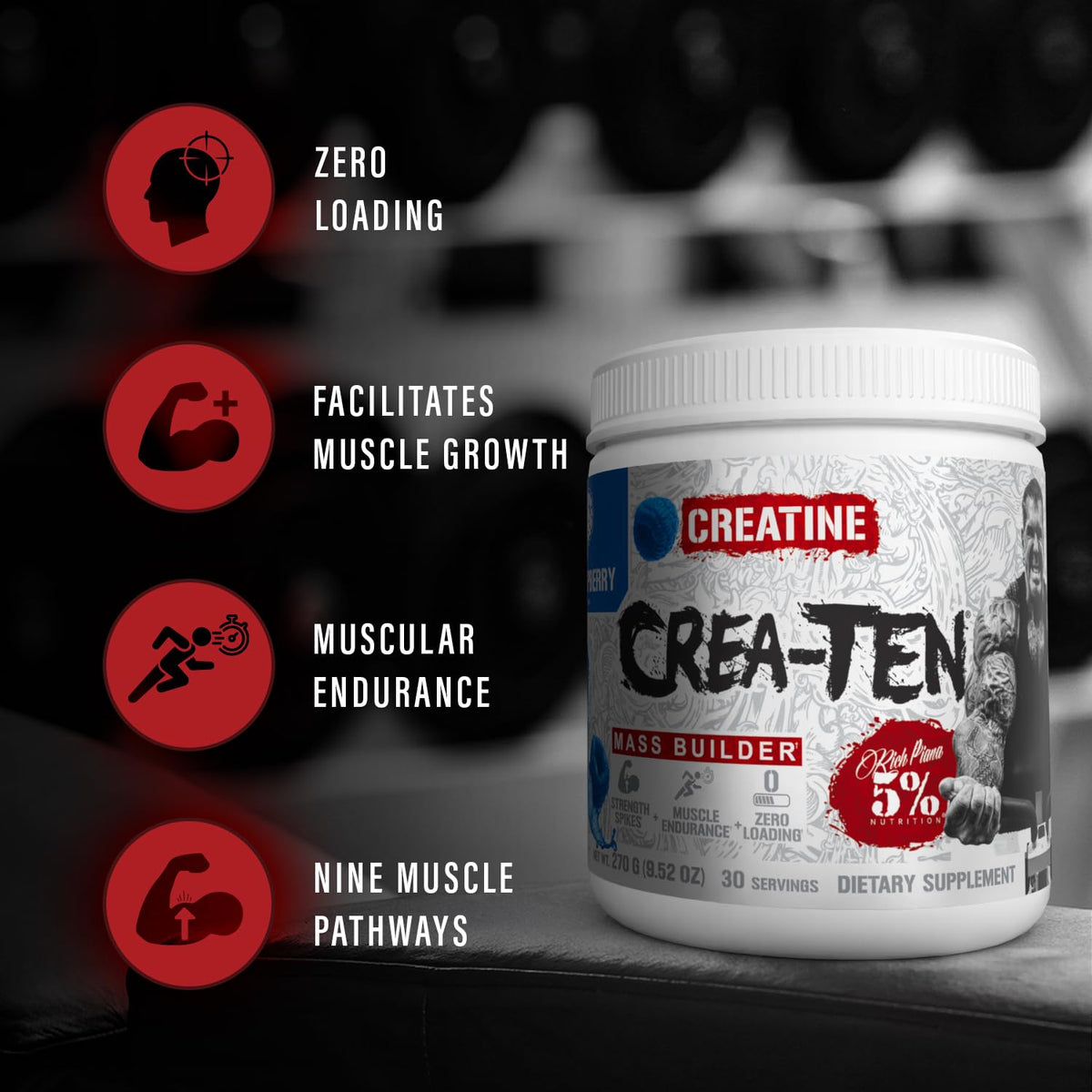 5% Nutrition CreaTEN Poudre de Créatine Saveur Push Pop 331g arrière de l'emballage