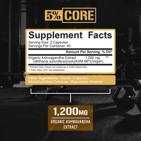 5% Nutrition KSM-66 Ashwagandha sur un fond de table en bois