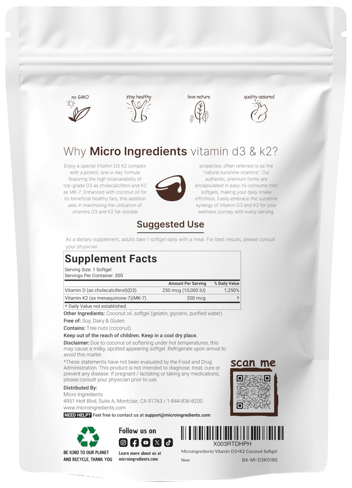 600 capsules de vitamine D3 et K2 avec huile de noix de coco
