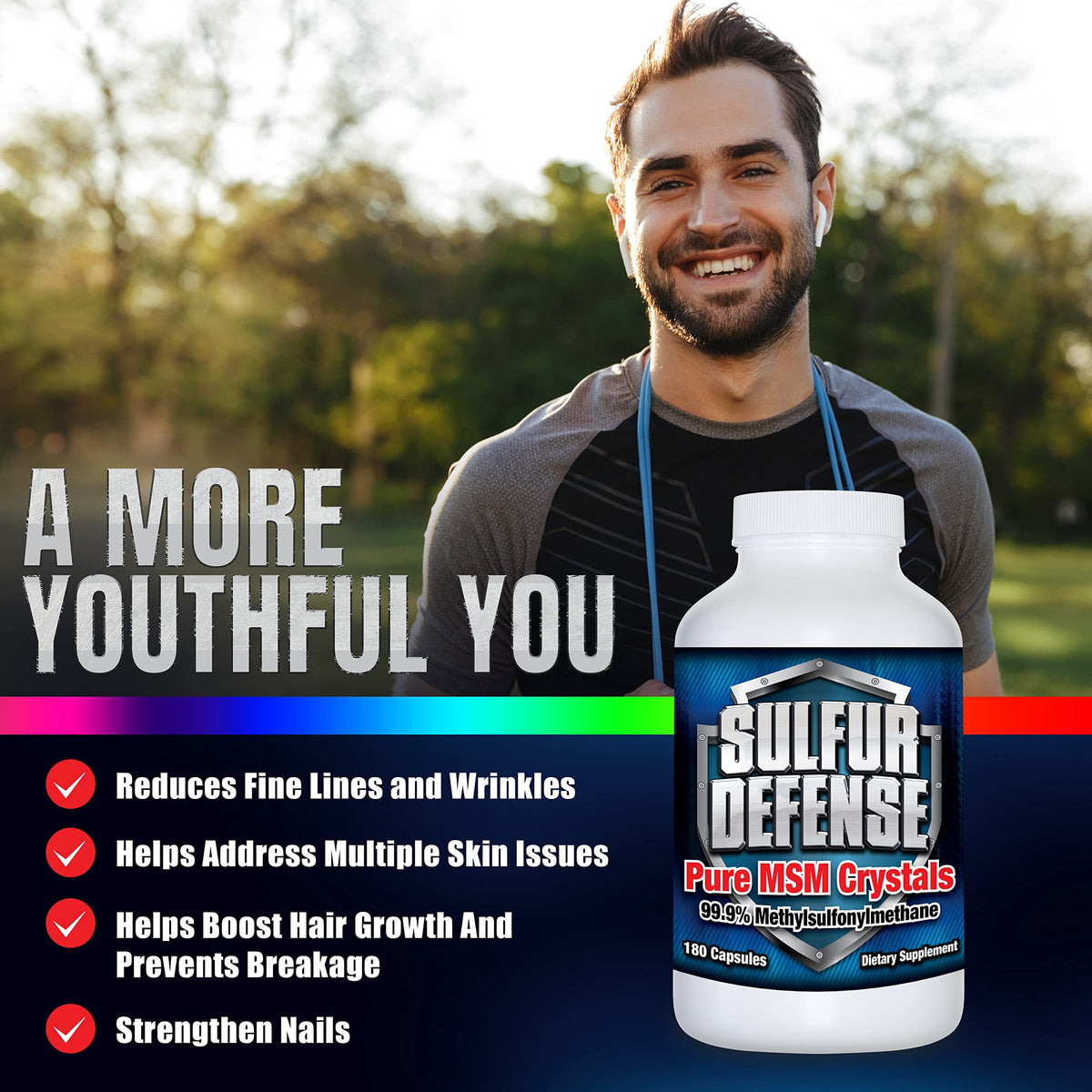 7 Lights Sulfur Defense Opti-MSM capsules sur une table en bois