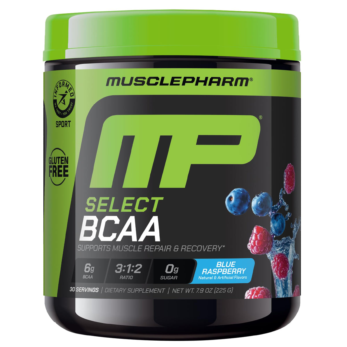 Muscle Pharm BCAA Powder 290g devant avec saveur framboise bleue