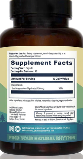 Natural Rhythm Magnésium Glycinate 150mg avec des ingrédients naturels en arrière-plan