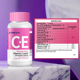 9 YOUNG-BASIC Vitamine C + E sur une table avec des accessoires