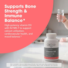 a balanced routine Maintenance Vitamine D3 25000 UI avec K2, capsules sur fond blanc