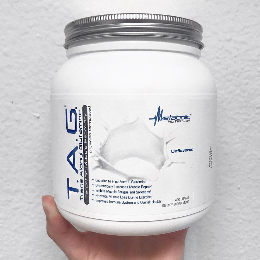 a balanced routine Nutrition TAG L-Glutamine 400g avec une cuillère doseuse