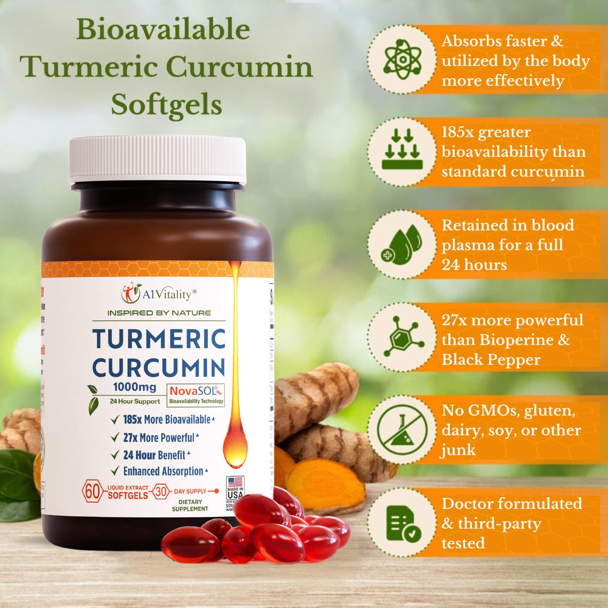 A1Vitality Curcuma NovaSOL 1000mg gélules softgel avec échelle de mesure