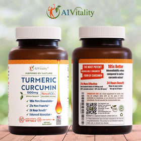 A1Vitality Curcuma NovaSOL 1000mg gélules softgel sur une table en bois