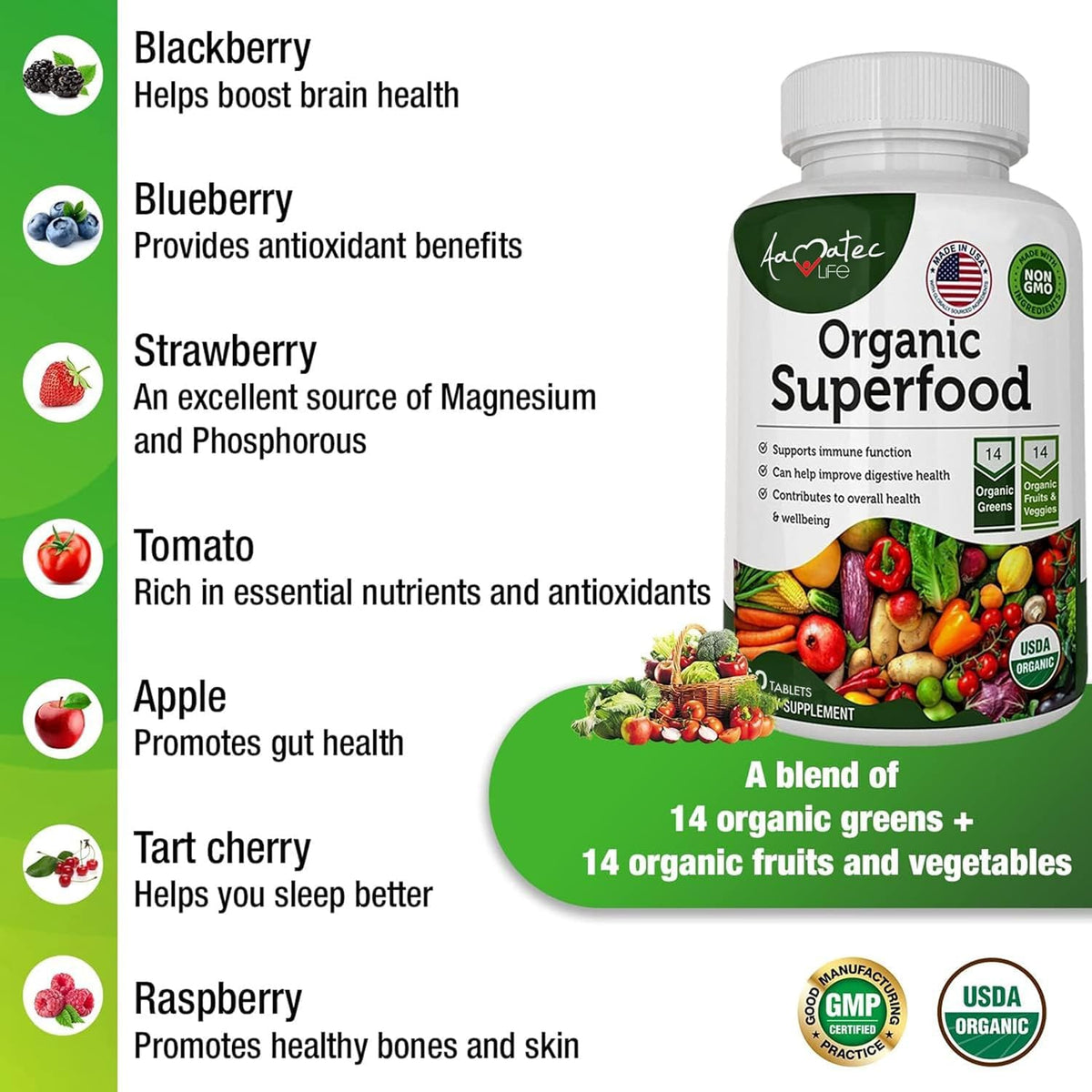 AAMATEC LIFE Complément Alimentaire Bio 60 Comprimés sur une table en bois