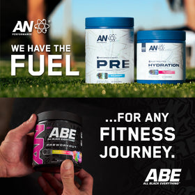 ABE all black everything Créatine Monohydrate 381g avec des fruits et des shakes