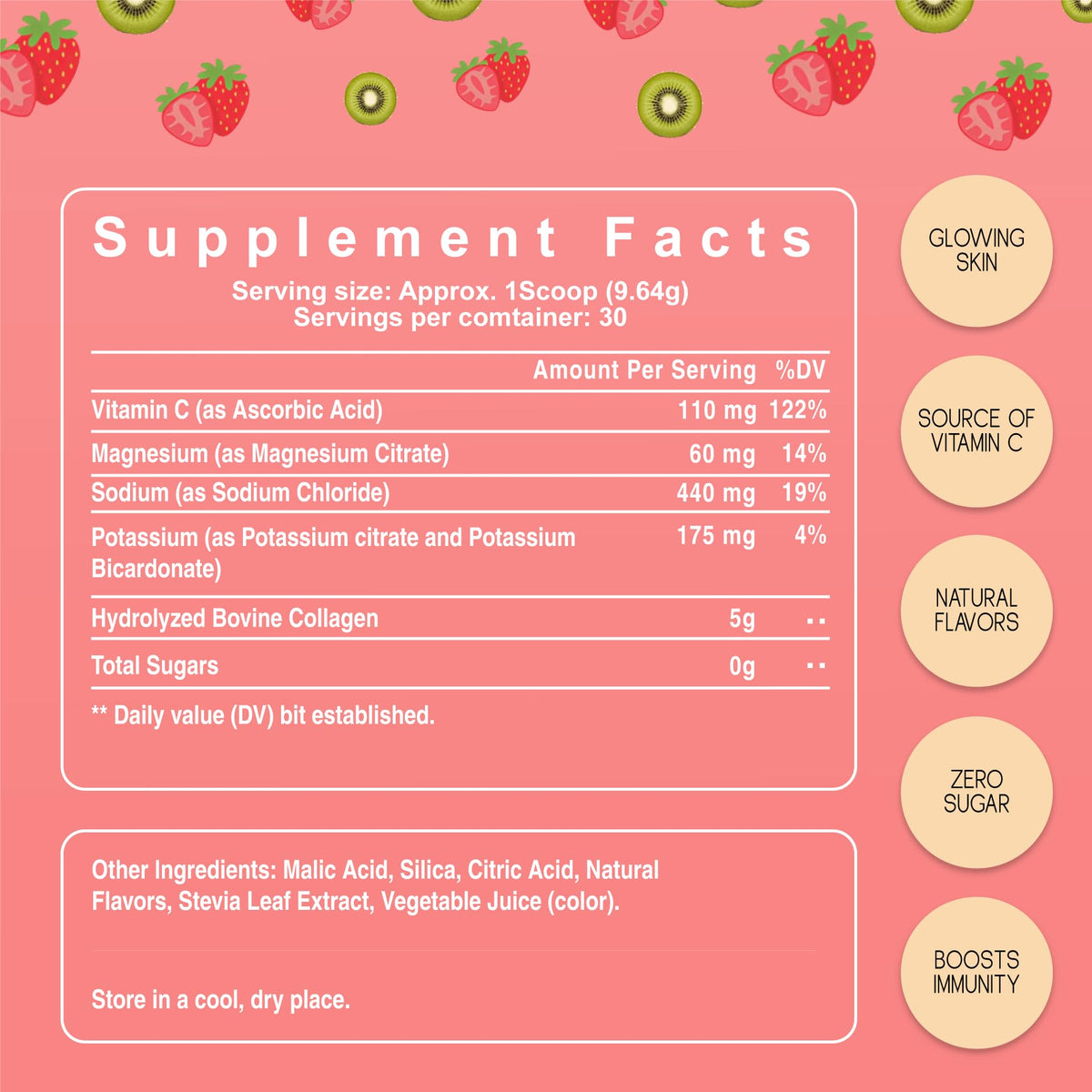 ABR.CO Poudre d'Électrolytes avec Collagène et Vitamine C, ingrédients sur l'emballage