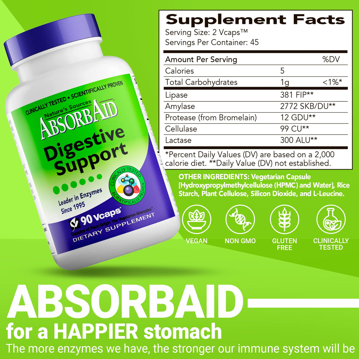 AbsorbAid Complément Alimentaire Multi-Enzymes 90 Vcaps avec capsules visibles