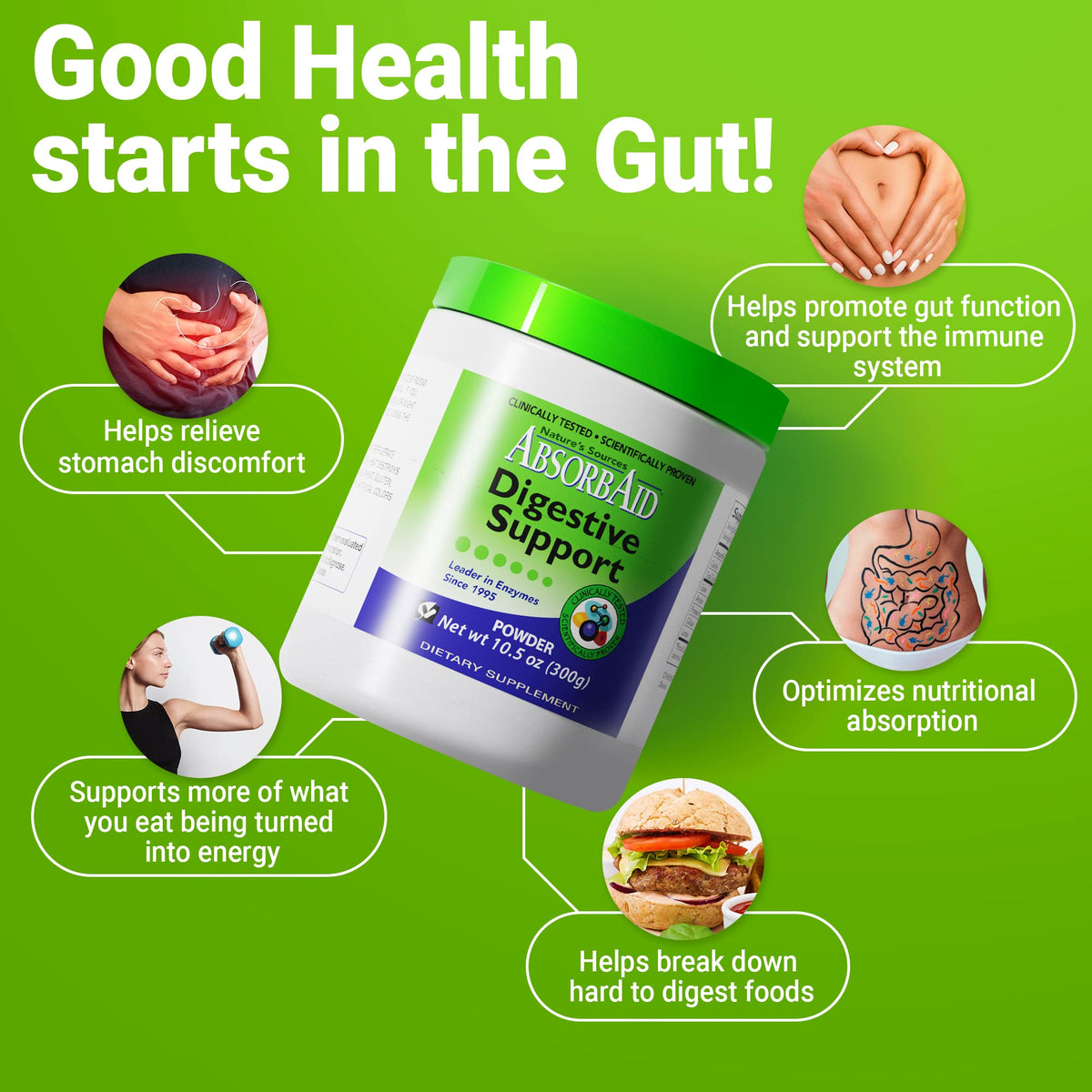 AbsorbAid Enzymes daily 300g sur une table avec des ingrédients
