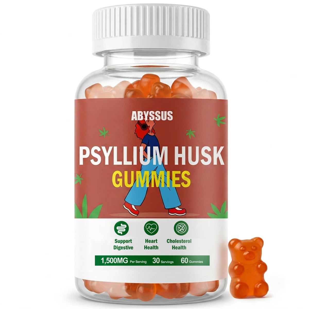 ABYSSUS Gummies de Psyllium 1500mg, boîte avant avec 60 gummies saveur pêche