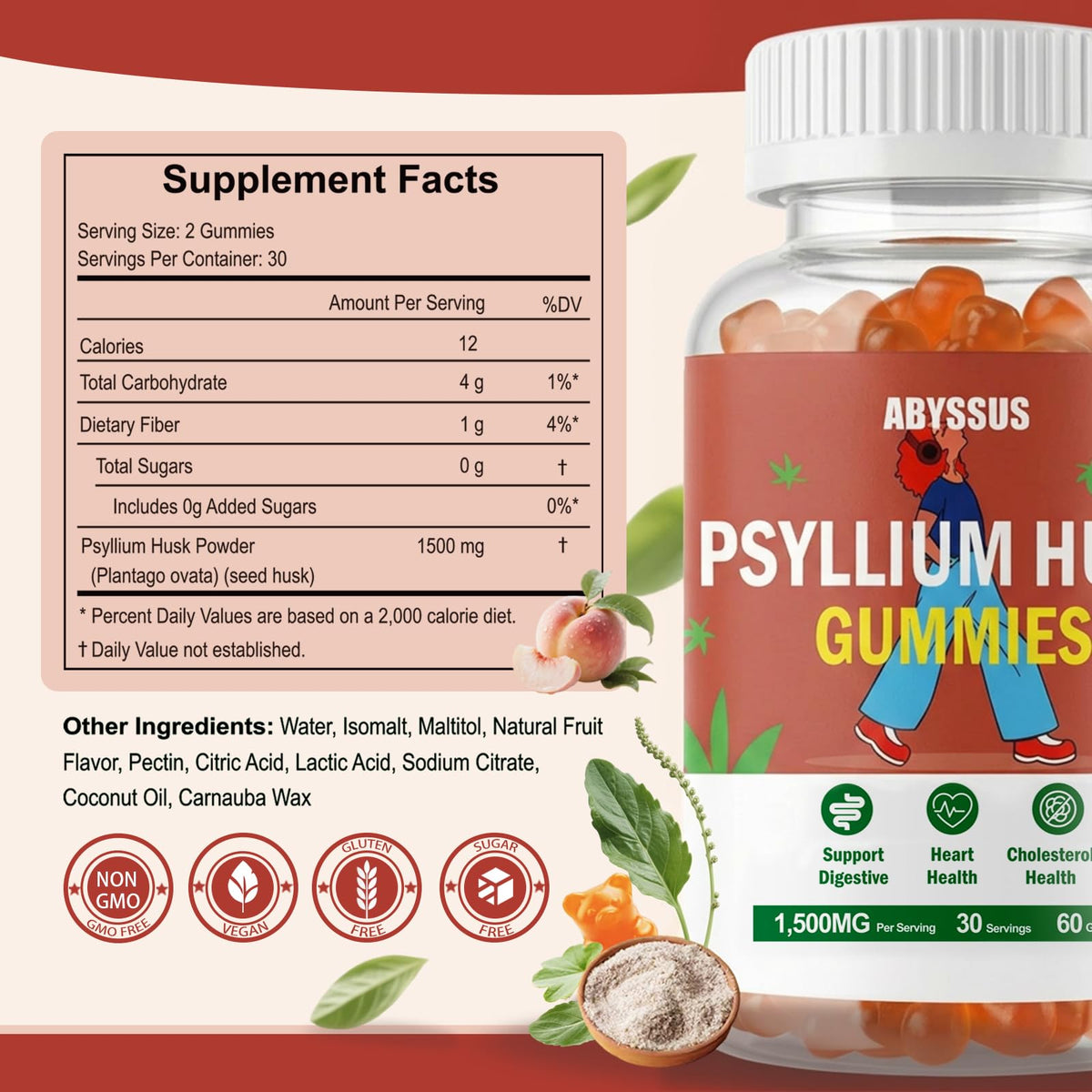 ABYSSUS Gummies de Psyllium 1500mg, étiquette nutritionnelle sur le côté de la boîte