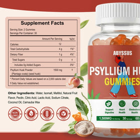 ABYSSUS Gummies de Psyllium 1500mg, étiquette nutritionnelle sur le côté de la boîte